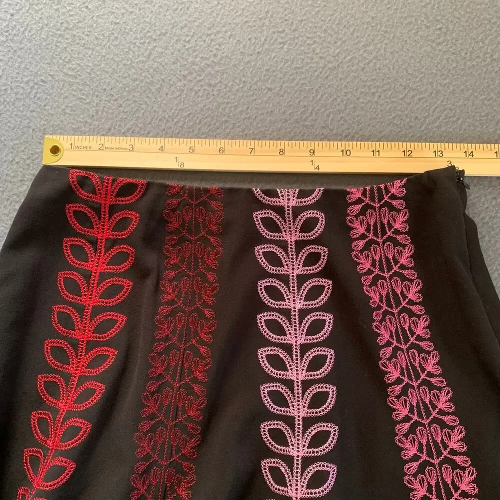Sunny Leigh Embroidered Midi Skirt Black w/ Red and Pink Size 4 Folk Art Boho